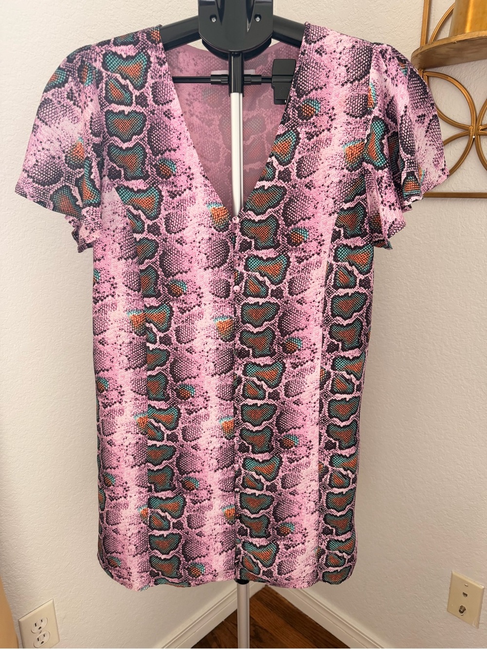 Buddy Love Pink Snake-Print V-Neck Button-Down Dress with Teal Accents